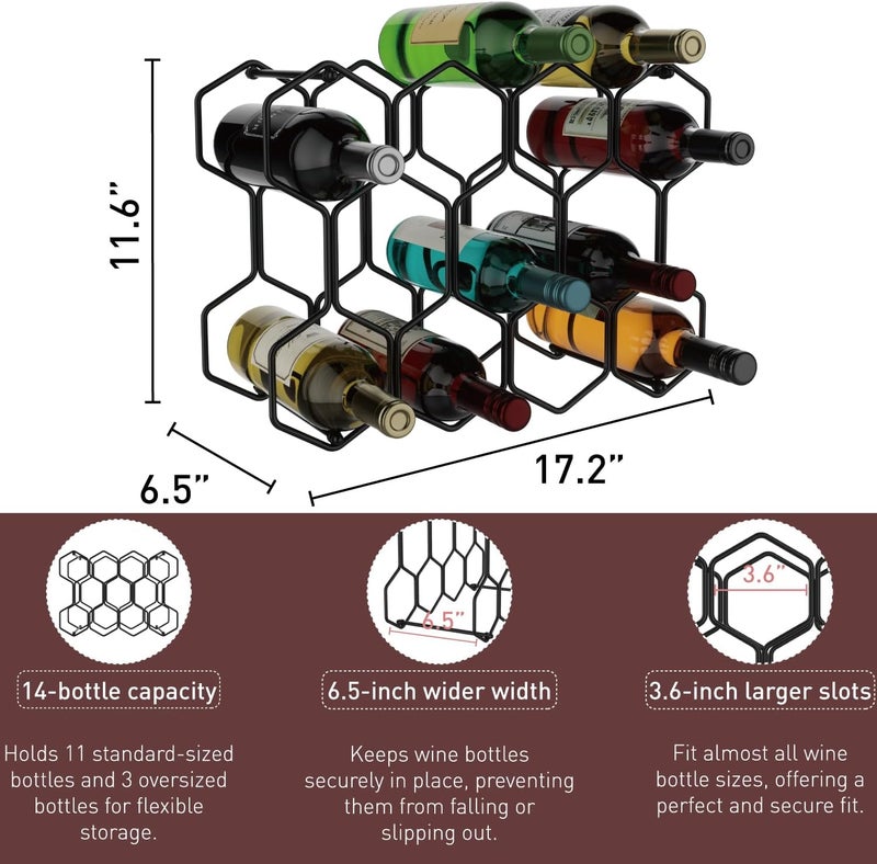 Buruis Countertop Wine Rack, 14-Bottle Modern Freestanding Metal Holder for Red and White Wine, Tabletop, Kitchen, Bar, and Cabinet Storage (Black) - Image 3
